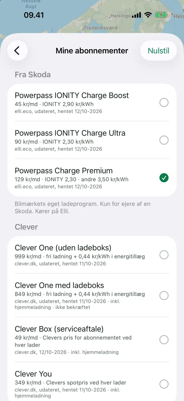 Mine abonnementer: bilmærkets ladeprogram og udbydernes abonnementer med pris
