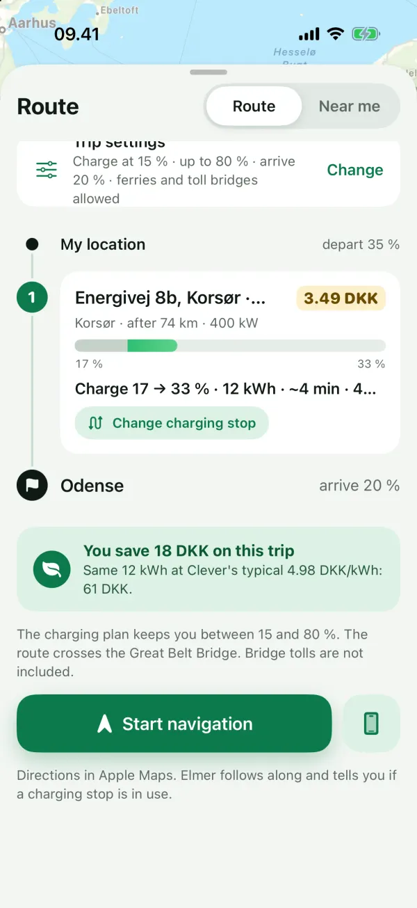 The charging stop: charge from 17 to 33%, 12 kWh, about 4 minutes and the price in DKK