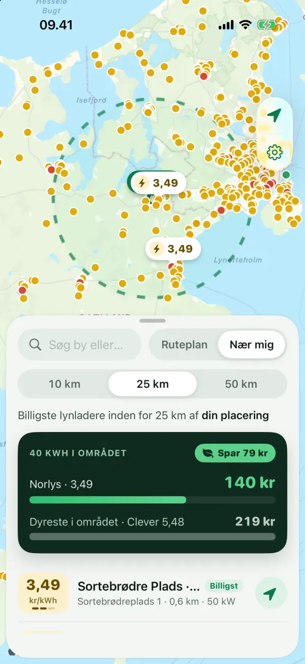 Elmer på iPhone: de billigste lynladere inden for 25 km, med pris pr. kWh og hvad 40 kWh koster